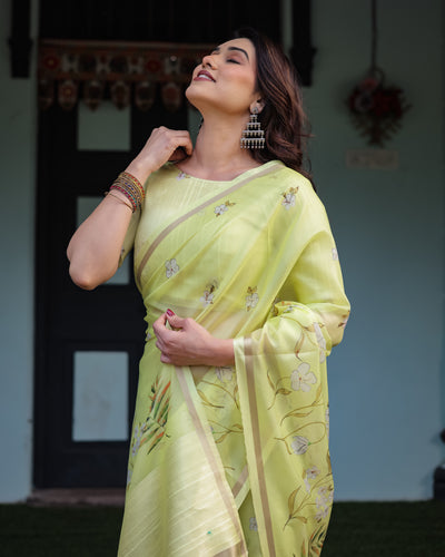 Lime Yellow Pastel Floral Print Premium Organza Saree with Zari Weave, and Tassel Details