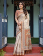 Beige and Rust Handloom Cotton-Linen Saree with Floral Motifs and Peacock Pallu