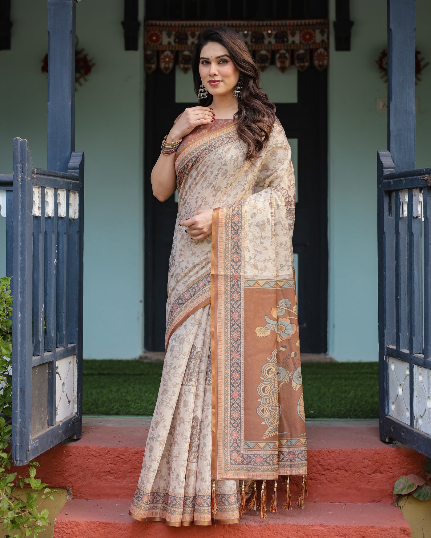 Beige and Rust Handloom Cotton-Linen Saree with Floral Motifs and Peacock Pallu