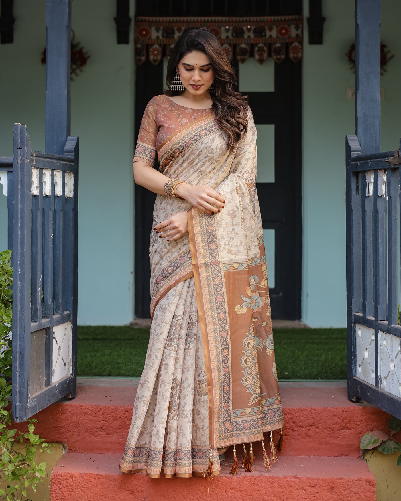 Beige and Rust Handloom Cotton-Linen Saree with Floral Motifs and Peacock Pallu