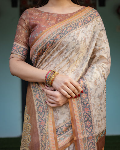 Beige and Rust Handloom Cotton-Linen Saree with Floral Motifs and Peacock Pallu