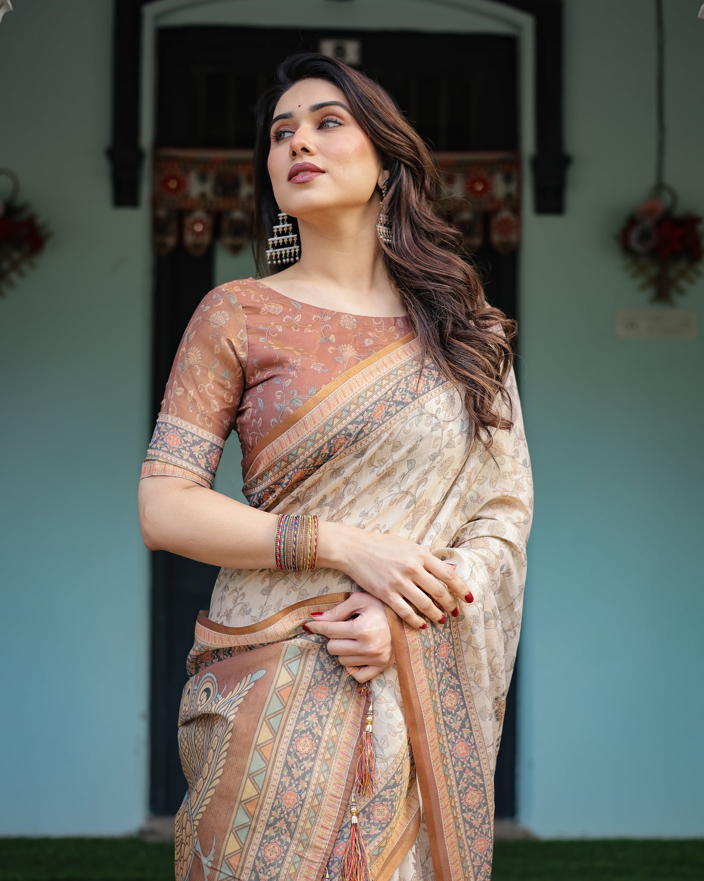 Beige and Rust Handloom Cotton-Linen Saree with Floral Motifs and Peacock Pallu