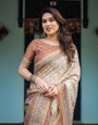 Beige and Rust Handloom Cotton-Linen Saree with Floral Motifs and Peacock Pallu