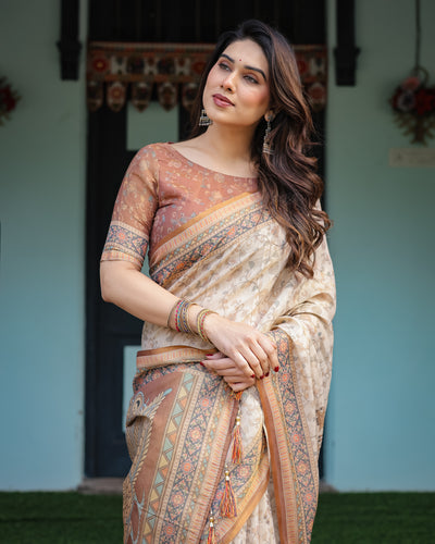 Beige and Rust Handloom Cotton-Linen Saree with Floral Motifs and Peacock Pallu