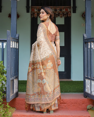 Beige and Rust Handloom Cotton-Linen Saree with Floral Motifs and Peacock Pallu