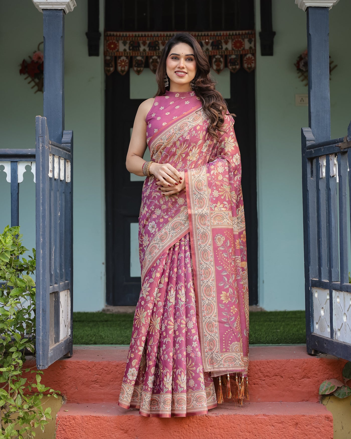 Magenta Handloom Cotton-Linen Saree with Gold Floral Motifs and Peacock Pallu