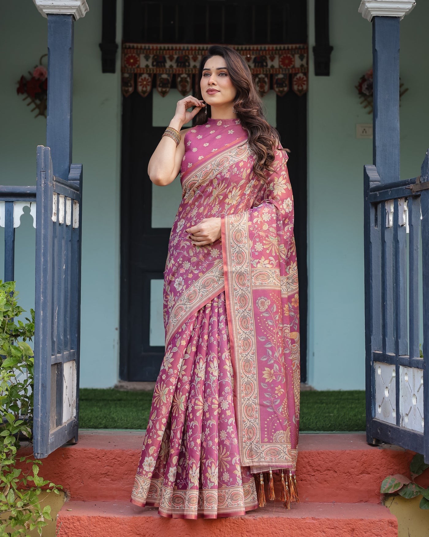 Magenta Handloom Cotton-Linen Saree with Gold Floral Motifs and Peacock Pallu