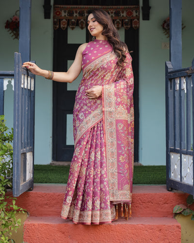 Magenta Handloom Cotton-Linen Saree with Gold Floral Motifs and Peacock Pallu