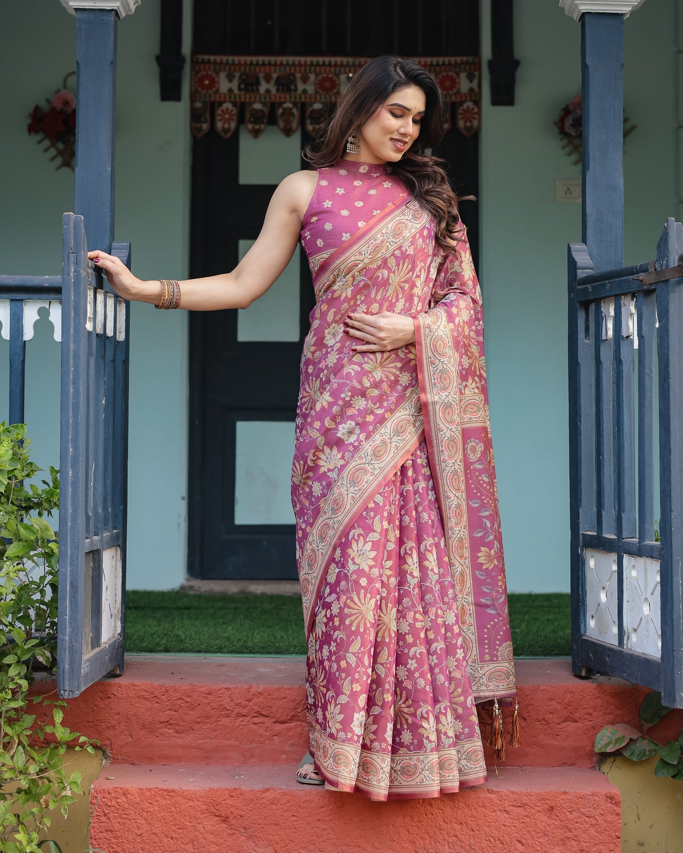 Magenta Handloom Cotton-Linen Saree with Gold Floral Motifs and Peacock Pallu