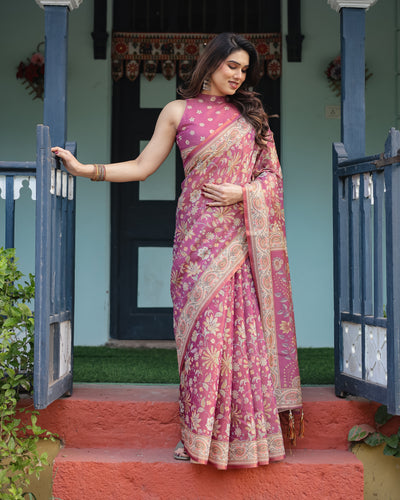 Magenta Handloom Cotton-Linen Saree with Gold Floral Motifs and Peacock Pallu