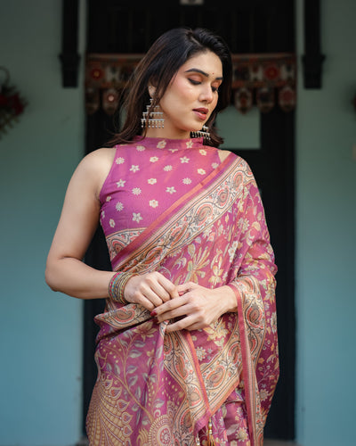 Magenta Handloom Cotton-Linen Saree with Gold Floral Motifs and Peacock Pallu