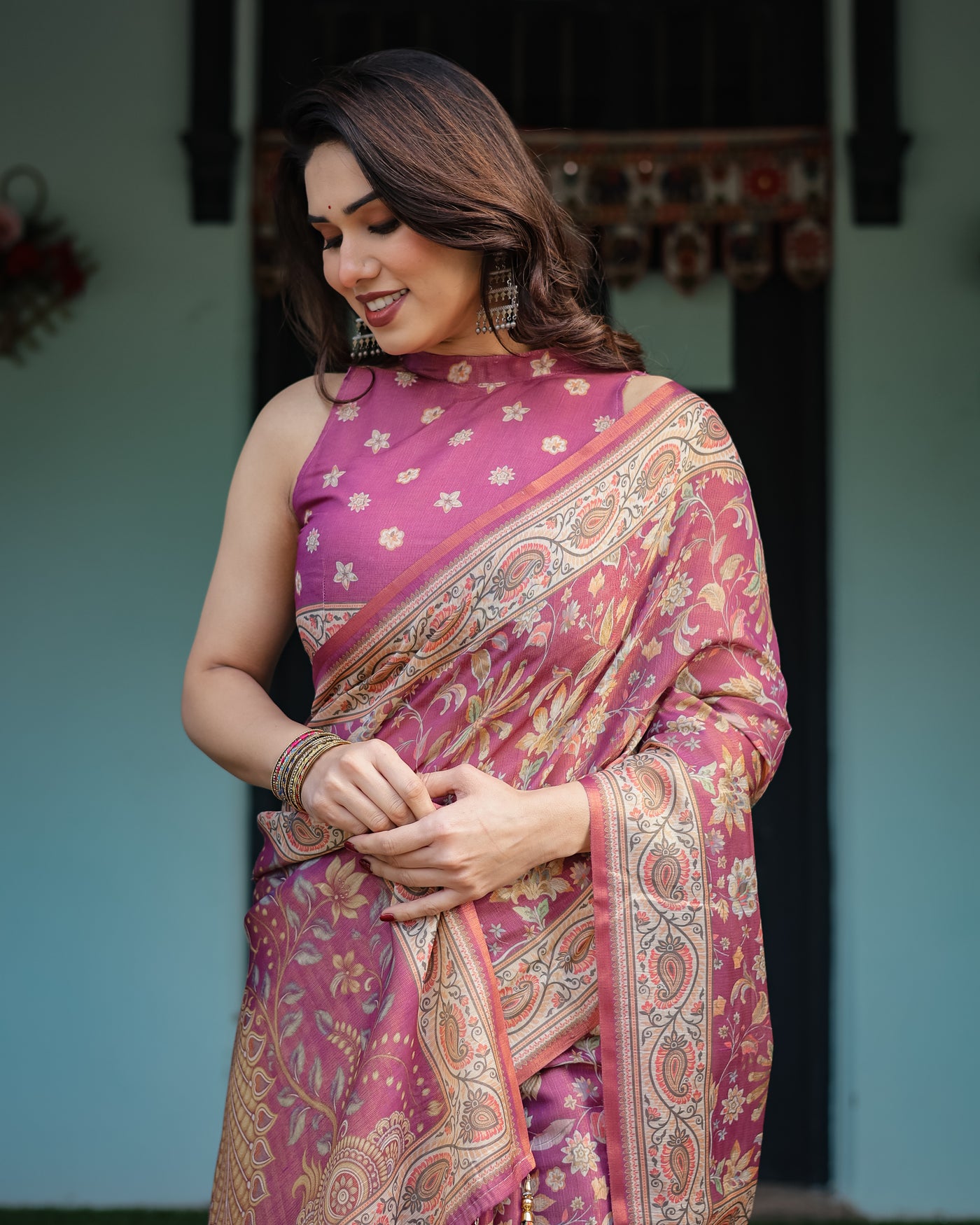 Magenta Handloom Cotton-Linen Saree with Gold Floral Motifs and Peacock Pallu