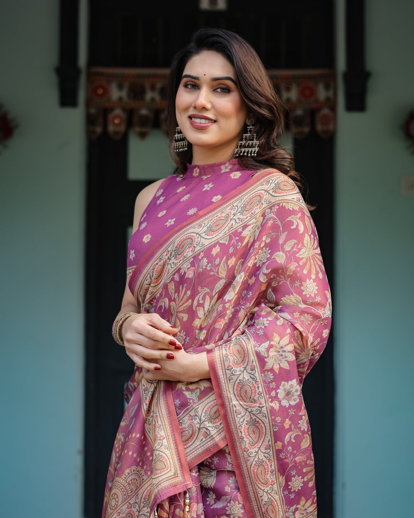 Magenta Handloom Cotton-Linen Saree with Gold Floral Motifs and Peacock Pallu