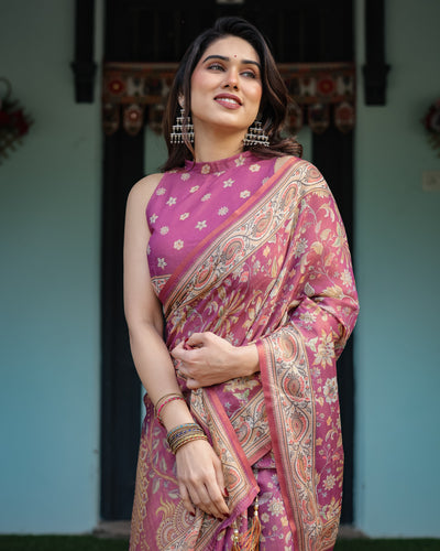 Magenta Handloom Cotton-Linen Saree with Gold Floral Motifs and Peacock Pallu