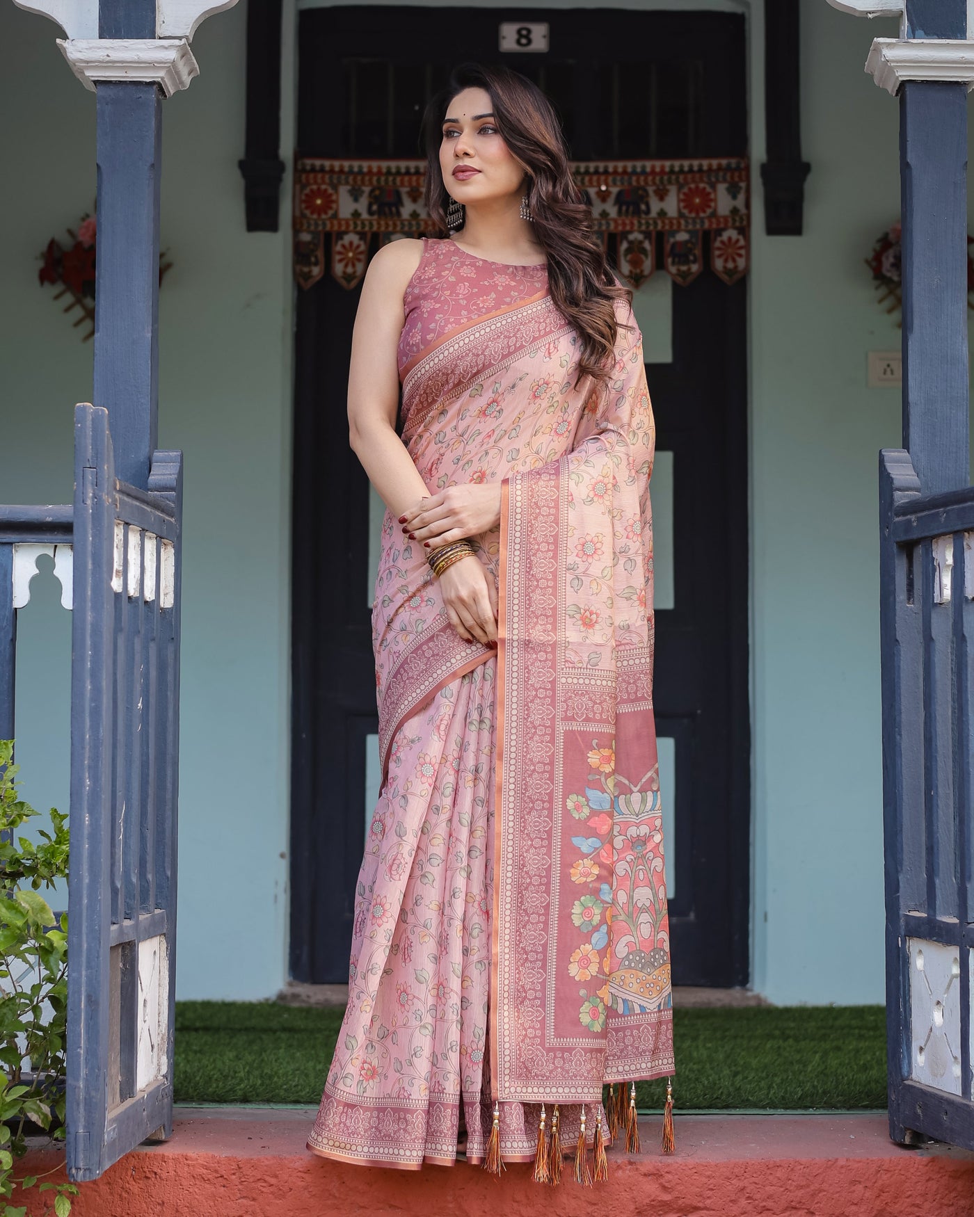 Blush Pink Handloom Cotton-Linen Saree with Floral Motifs and Artistic Pallu