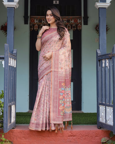 Blush Pink Handloom Cotton-Linen Saree with Floral Motifs and Artistic Pallu