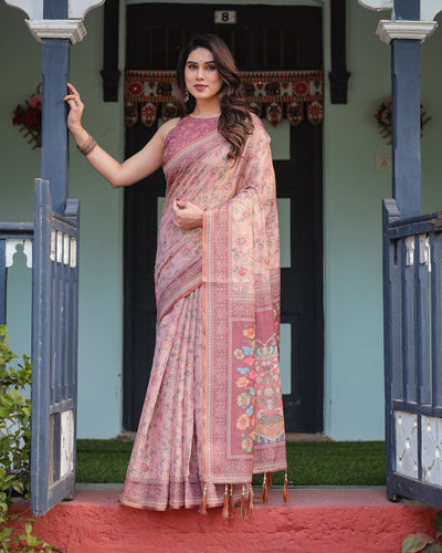 Blush Pink Handloom Cotton-Linen Saree with Floral Motifs and Artistic Pallu