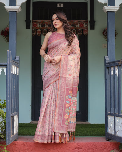 Blush Pink Handloom Cotton-Linen Saree with Floral Motifs and Artistic Pallu