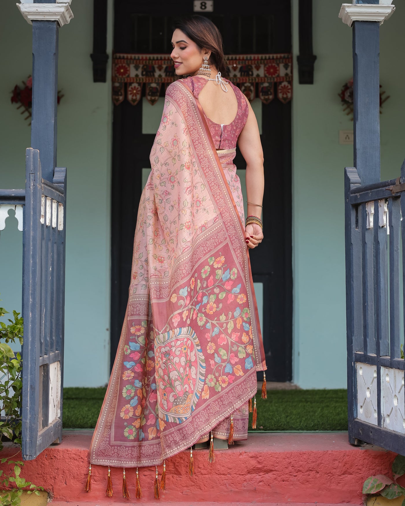 Blush Pink Handloom Cotton-Linen Saree with Floral Motifs and Artistic Pallu