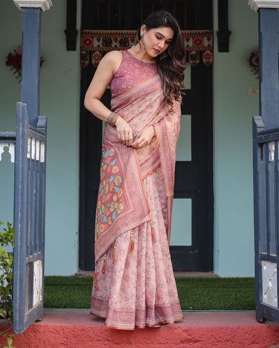 Blush Pink Handloom Cotton-Linen Saree with Floral Motifs and Artistic Pallu