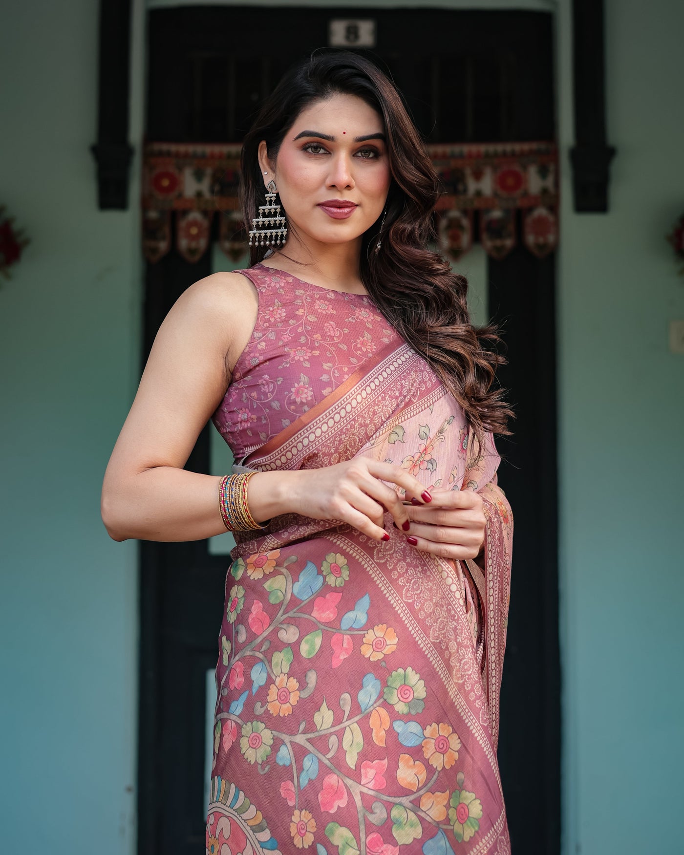 Blush Pink Handloom Cotton-Linen Saree with Floral Motifs and Artistic Pallu