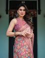 Blush Pink Handloom Cotton-Linen Saree with Floral Motifs and Artistic Pallu