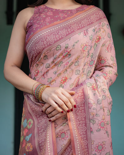 Blush Pink Handloom Cotton-Linen Saree with Floral Motifs and Artistic Pallu