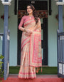 Peach and Pink Handloom Cotton-Linen Saree with Mythological Motifs and Floral Pallu