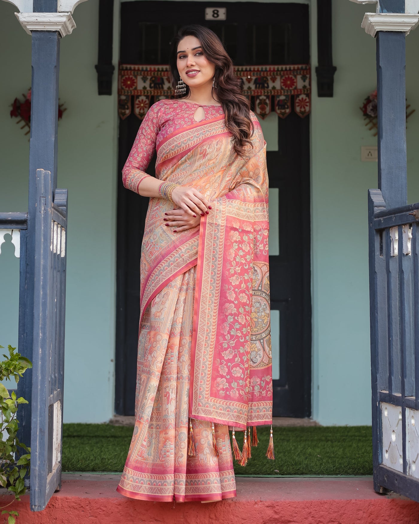 Peach and Pink Handloom Cotton-Linen Saree with Mythological Motifs and Floral Pallu