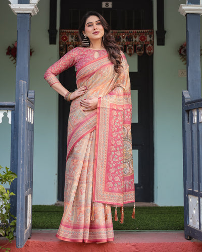 Peach and Pink Handloom Cotton-Linen Saree with Mythological Motifs and Floral Pallu