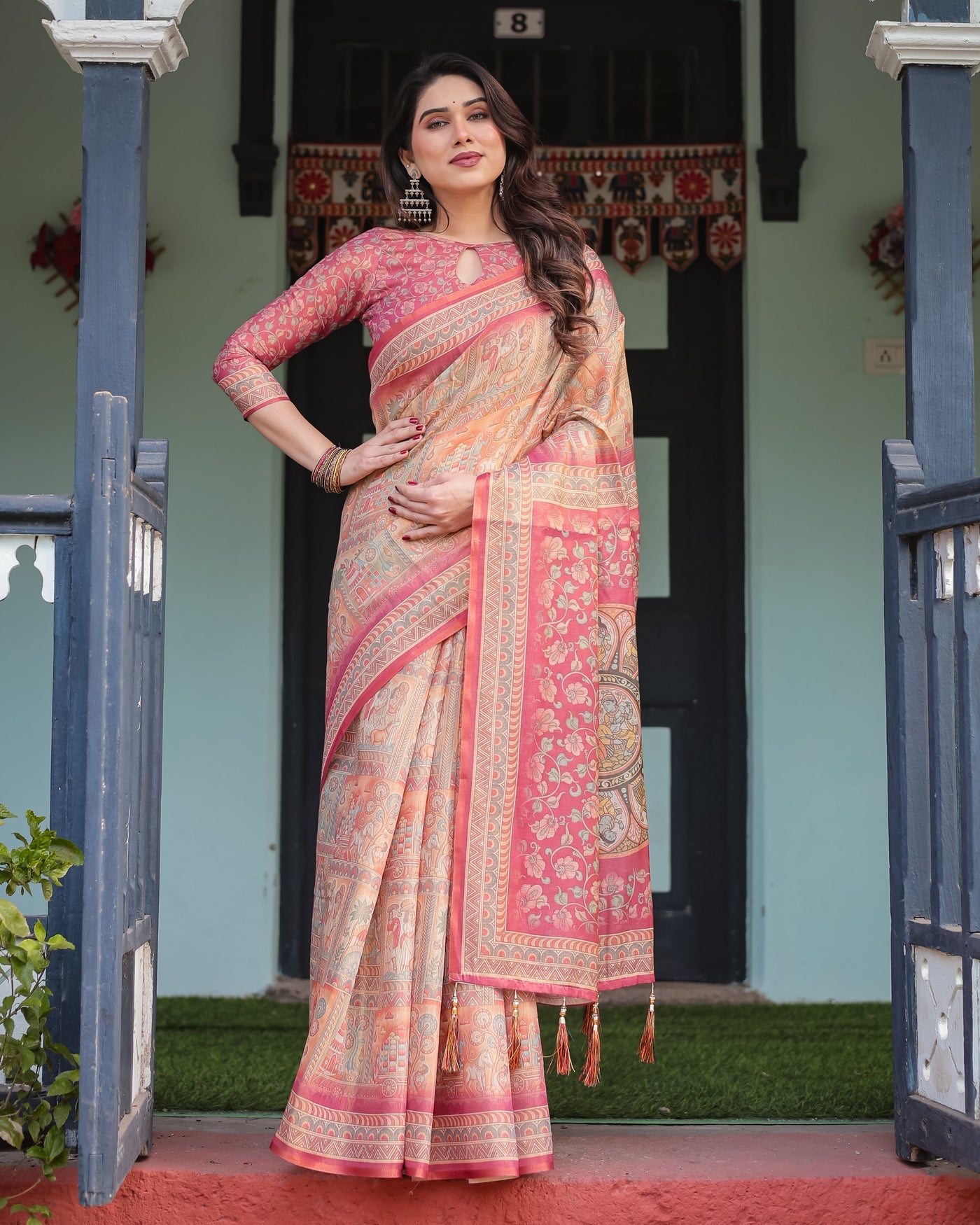 Peach and Pink Handloom Cotton-Linen Saree with Mythological Motifs and Floral Pallu