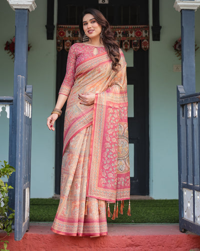 Peach and Pink Handloom Cotton-Linen Saree with Mythological Motifs and Floral Pallu