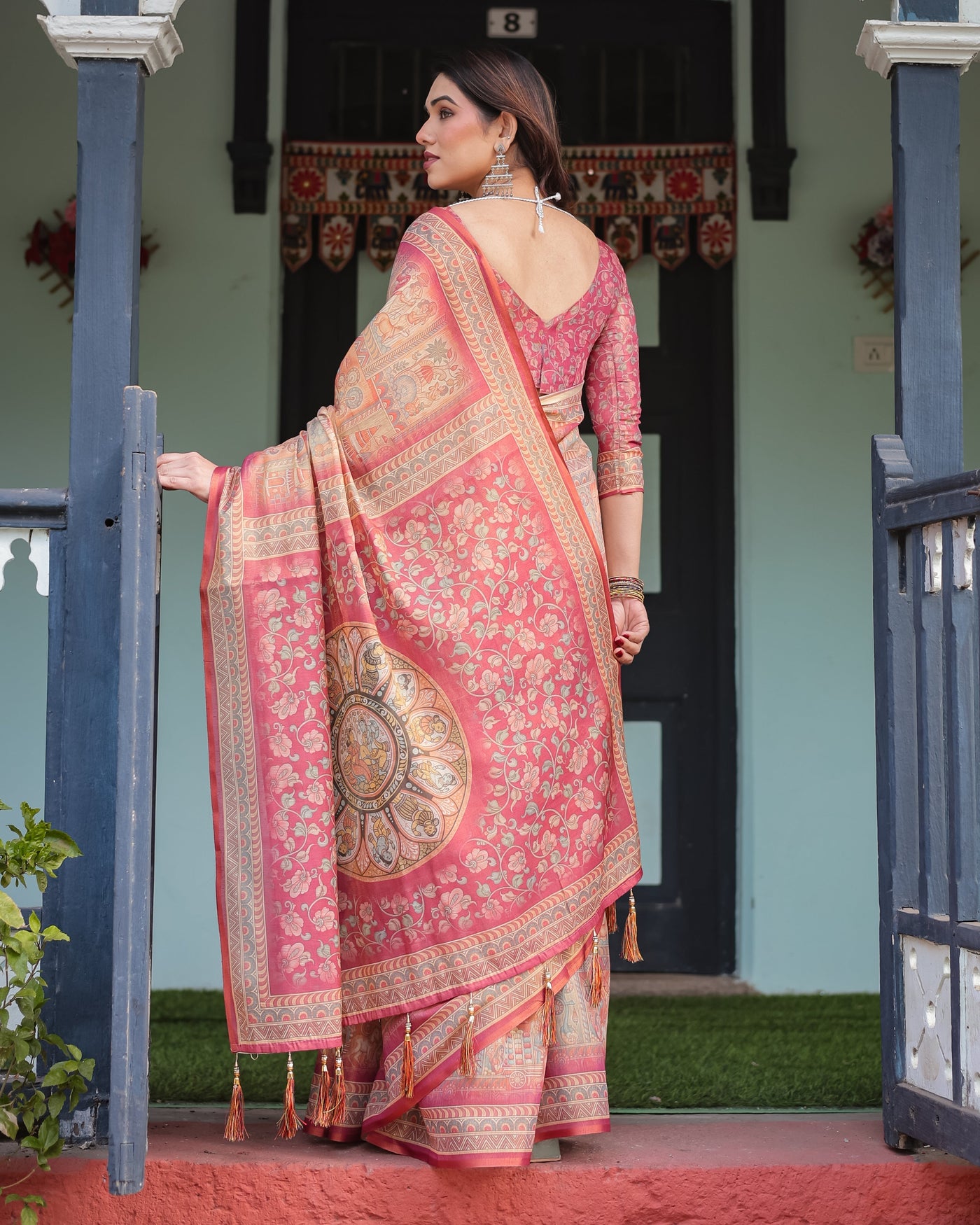 Peach and Pink Handloom Cotton-Linen Saree with Mythological Motifs and Floral Pallu