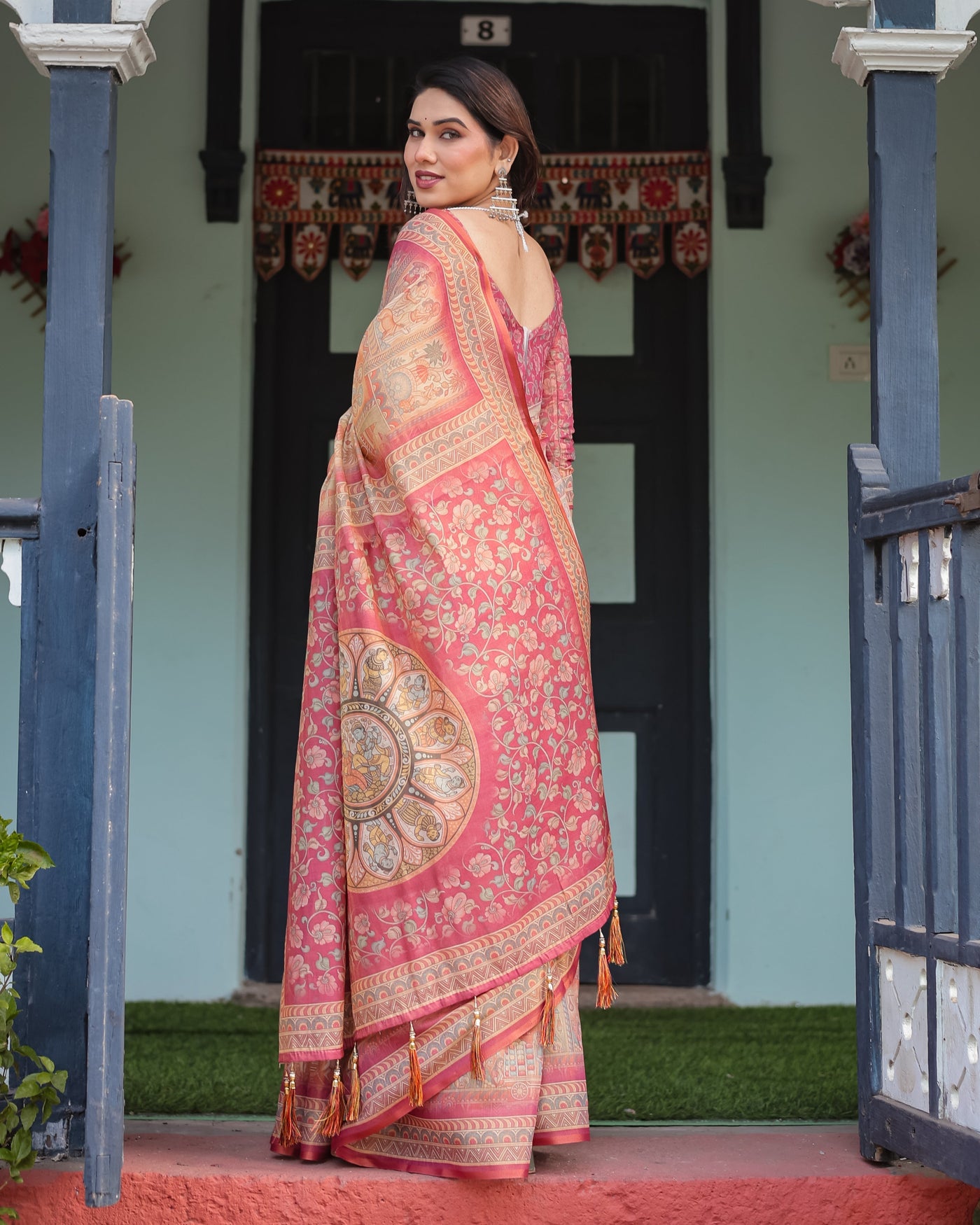 Peach and Pink Handloom Cotton-Linen Saree with Mythological Motifs and Floral Pallu