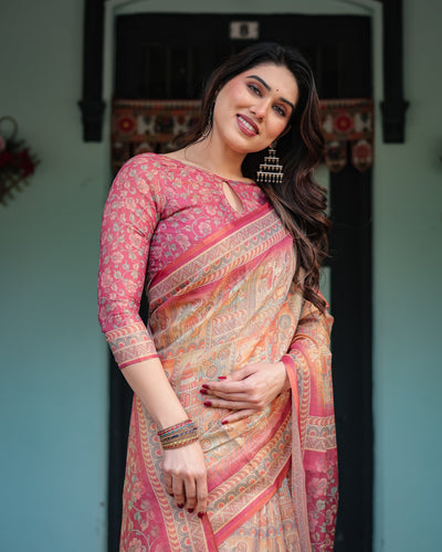 Peach and Pink Handloom Cotton-Linen Saree with Mythological Motifs and Floral Pallu