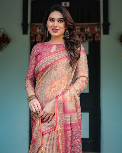 Peach and Pink Handloom Cotton-Linen Saree with Mythological Motifs and Floral Pallu