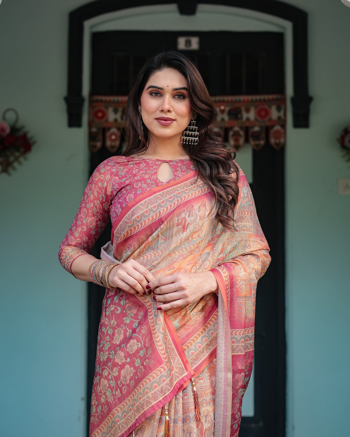 Peach and Pink Handloom Cotton-Linen Saree with Mythological Motifs and Floral Pallu