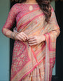 Peach and Pink Handloom Cotton-Linen Saree with Mythological Motifs and Floral Pallu