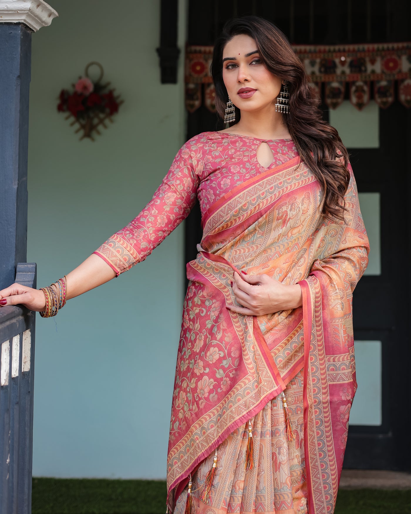 Peach and Pink Handloom Cotton-Linen Saree with Mythological Motifs and Floral Pallu