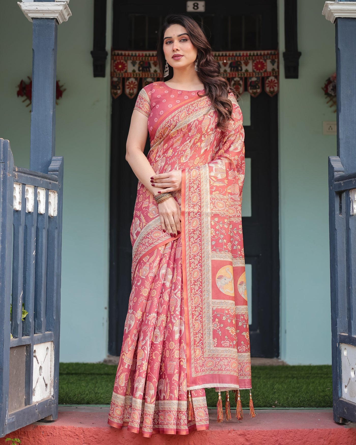 Crimson Red Handloom Cotton-Linen Saree with Mythological Motifs and Floral Border