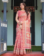 Crimson Red Handloom Cotton-Linen Saree with Mythological Motifs and Floral Border