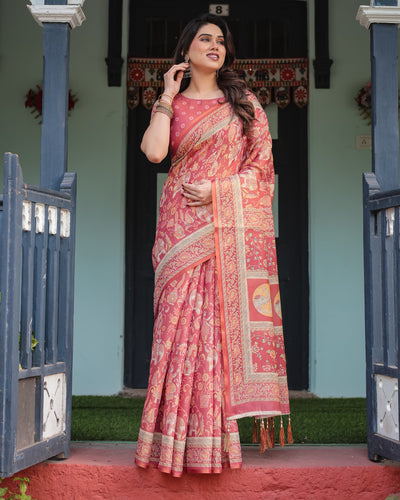 Crimson Red Handloom Cotton-Linen Saree with Mythological Motifs and Floral Border