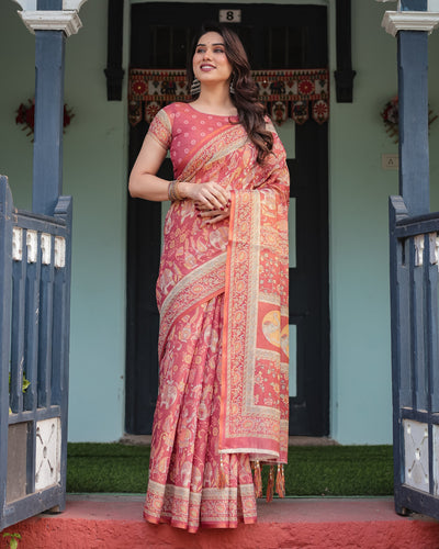 Crimson Red Handloom Cotton-Linen Saree with Mythological Motifs and Floral Border