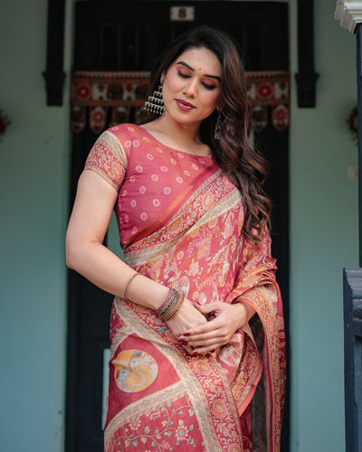 Crimson Red Handloom Cotton-Linen Saree with Mythological Motifs and Floral Border