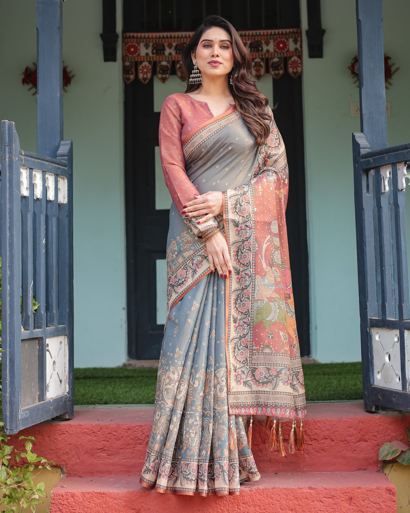 Slate Blue Handloom Cotton-Linen Saree with Vibrant Folk Motifs and Floral Pallu