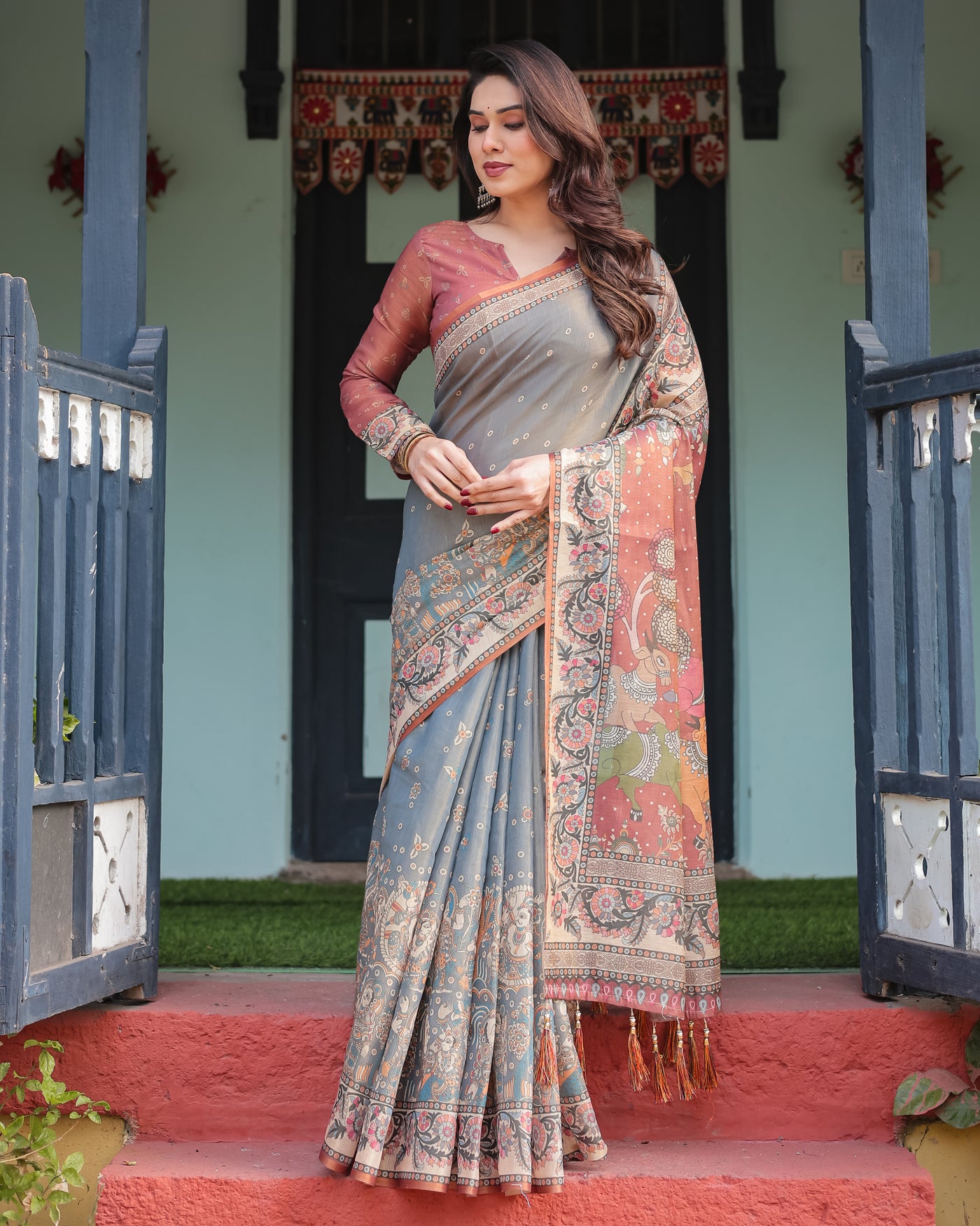 Slate Blue Handloom Cotton-Linen Saree with Vibrant Folk Motifs and Floral Pallu