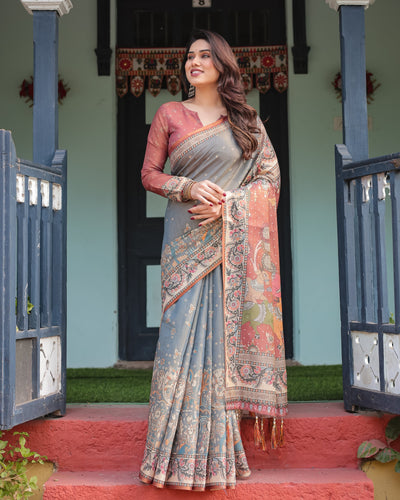 Slate Blue Handloom Cotton-Linen Saree with Vibrant Folk Motifs and Floral Pallu