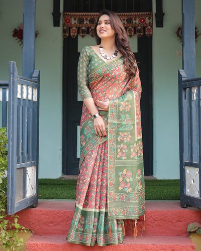 Green and Red Handloom Cotton-Linen Saree with Elephant Motifs and Floral Detailing