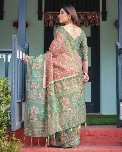 Green and Red Handloom Cotton-Linen Saree with Elephant Motifs and Floral Detailing