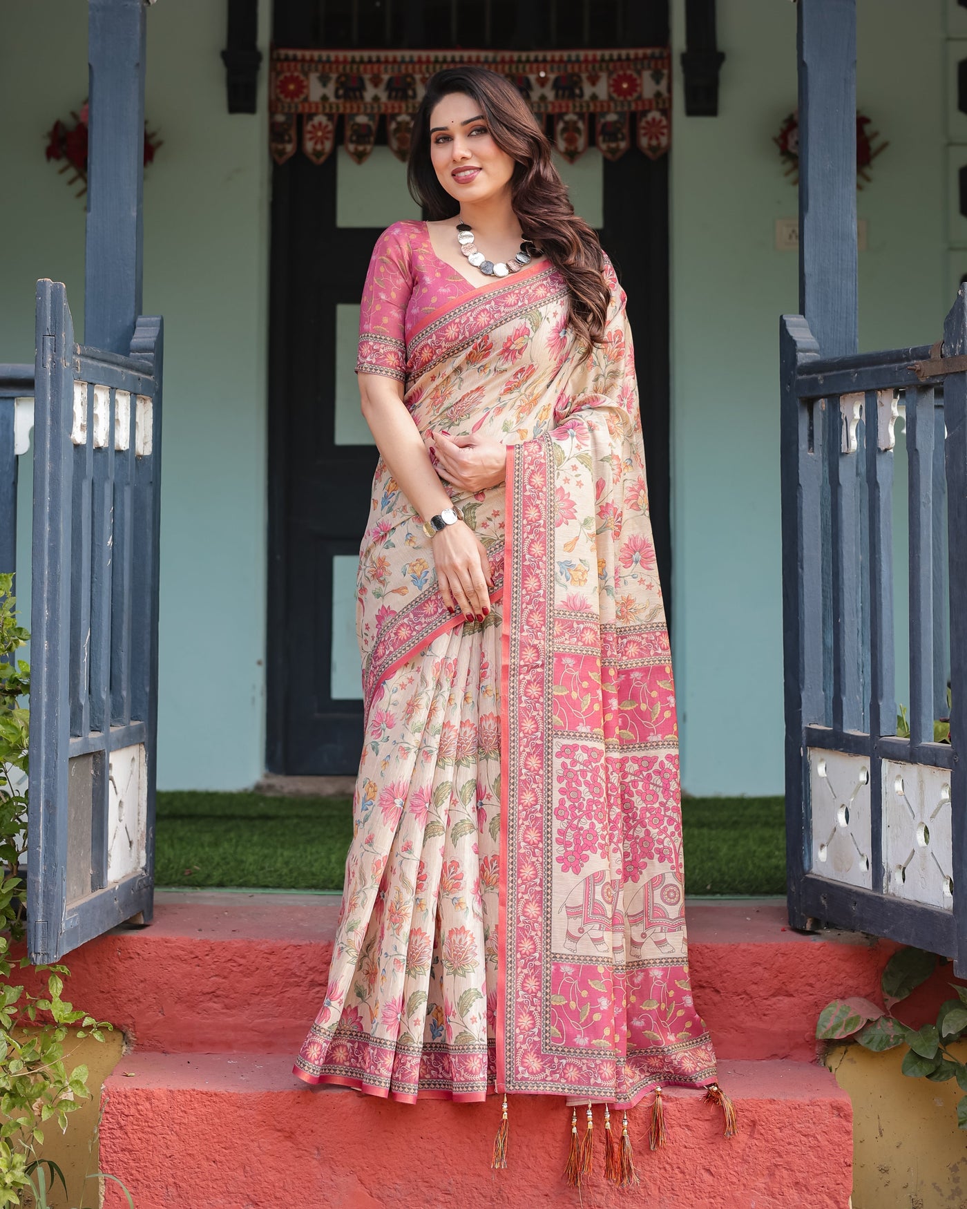 Cream and Pink Handloom Cotton-Linen Saree with Vibrant Floral and Elephant Motifs